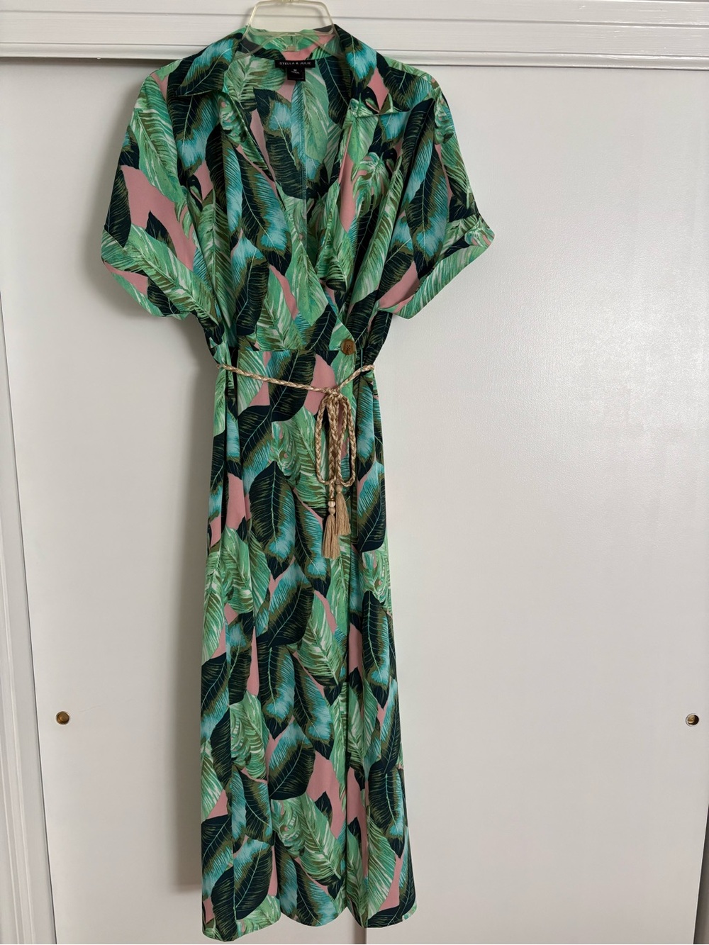 Tropical Leaf Maxi Dress with Braided Tassel Belt - Green/Pink